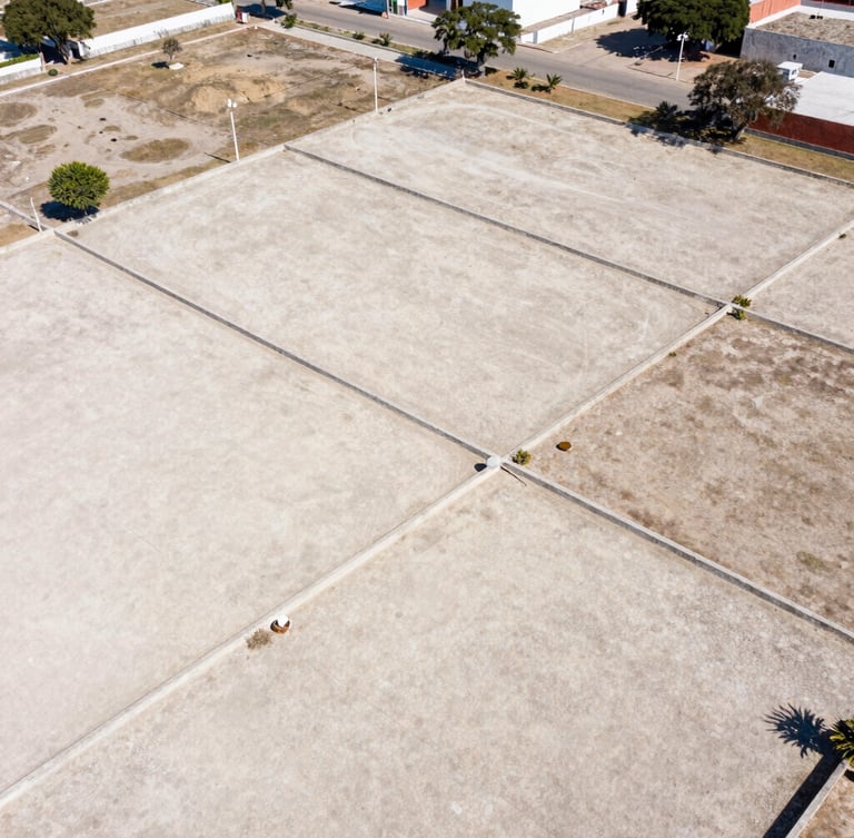 Aerial drone photography of clean geometric land plots in Veracruz, bright natural daylight, sharp focus, 35mm