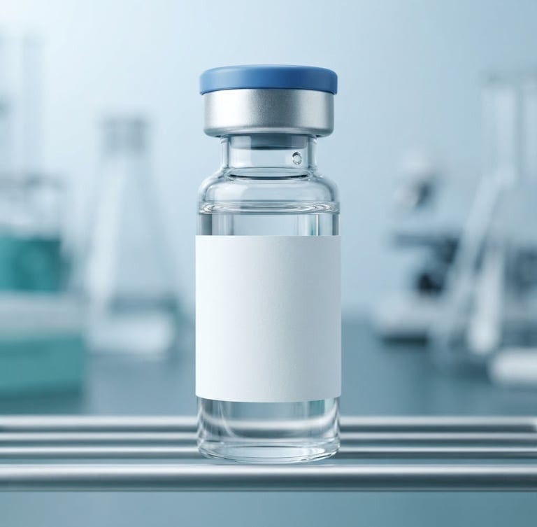 Macro close-up of a sealed sterile glass vial with a clean minimalist label, cool bright laboratory lighting, sharp focus, technical slate and teal tones