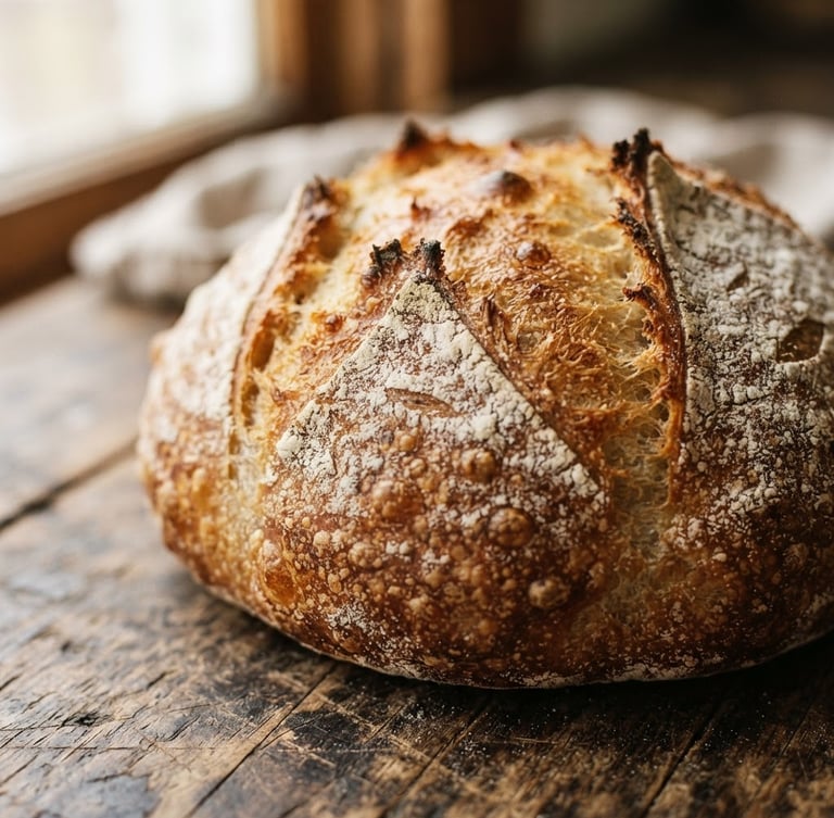 Close-up macro shot of a freshly baked, flour-dusted sourdough boule resting on a weathered wooden table, soft morning window light highlighting the golden crust textures, shallow depth of field, 35mm