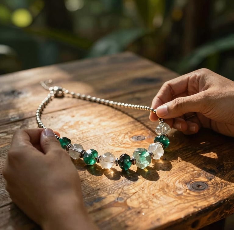 Primer plano de manos artesanas ensamblando un collar de cuarzo y plata sobre una mesa de madera rústica, luz solar filtrada creando sombras suaves, enfoque selectivo.