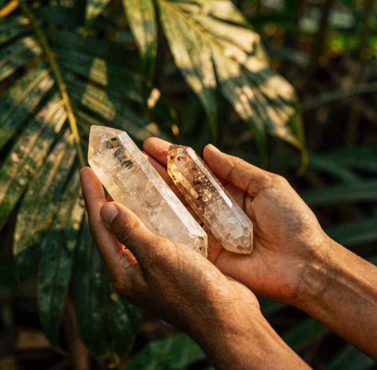 Close-up of hands holding raw quartz crystal over burning copal incense, warm golden hour light filtering through tropical jungle leaves, 35mm