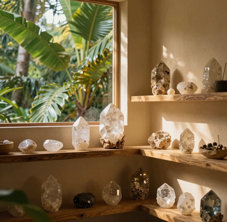 An elegant, serene holistic sanctuary interior with warm sand-colored walls, raw crystals on wooden shelves, soft natural light filtering through tropical leaves, 35mm