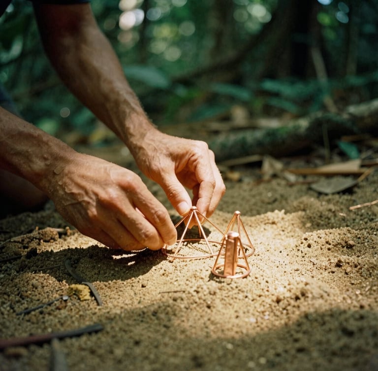 Hands arranging copper geometric structures over a bed of fine sand, soft dappled forest light, 35mm.