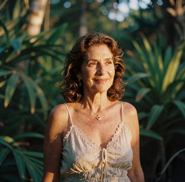 Retrato íntimo de Ana Luisa Miranda a sus cincuenta años, sonriendo suavemente bajo la luz dorada del atardecer en Cancún, rodeada de vegetación tropical difuminada, fotografía mística de 35mm.