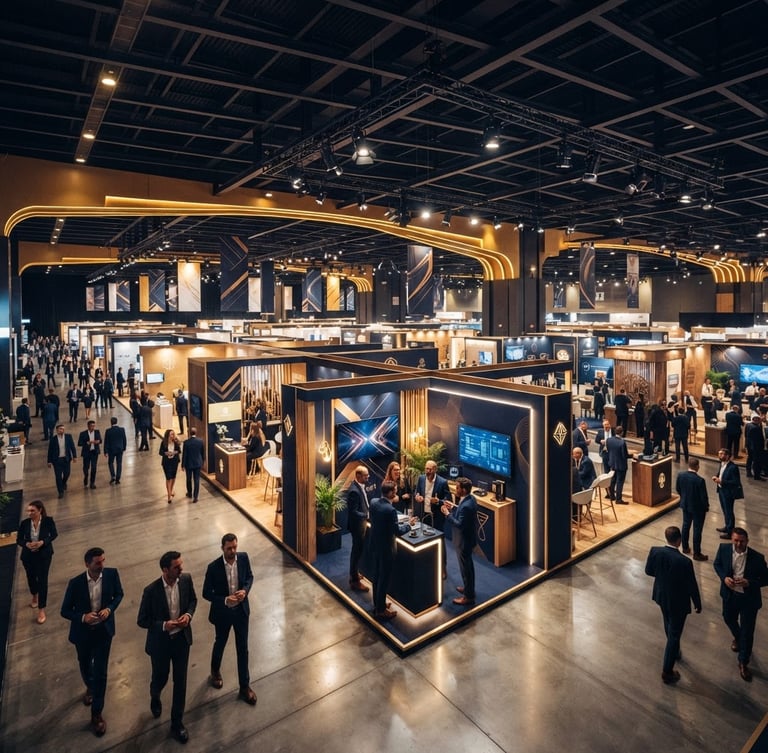 A prestigious business exhibition hall with warm gold lighting, elegant corporate exhibition stalls, professional banners, wide-angle lens
