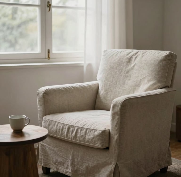 Soft diffused daylight filtering through a window onto an empty, elegant linen armchair, a ceramic cup on a low wooden side table, minimalist serene atmosphere.