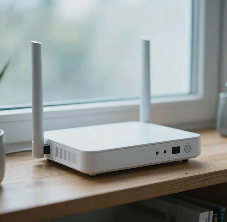 A close-up of a modern white home internet router sitting on a wooden shelf, soft overcast morning light streaming through a window, shallow depth of field, 35mm photography