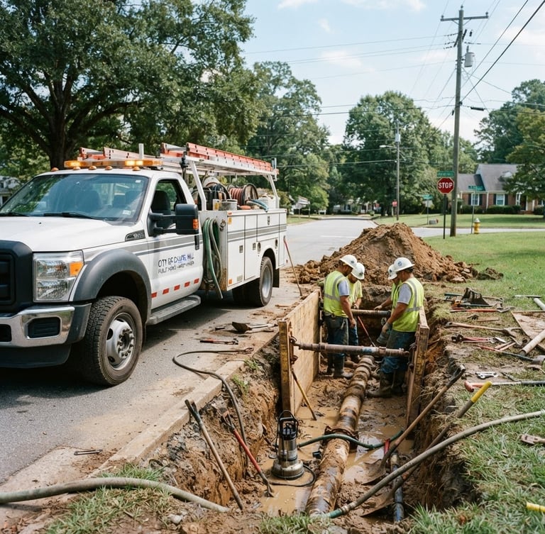 Wide environmental shot of a branded white utility truck parked beside a municipal water main excavation site in North Carolina, bright daylight, sharp industrial details, 35mm.