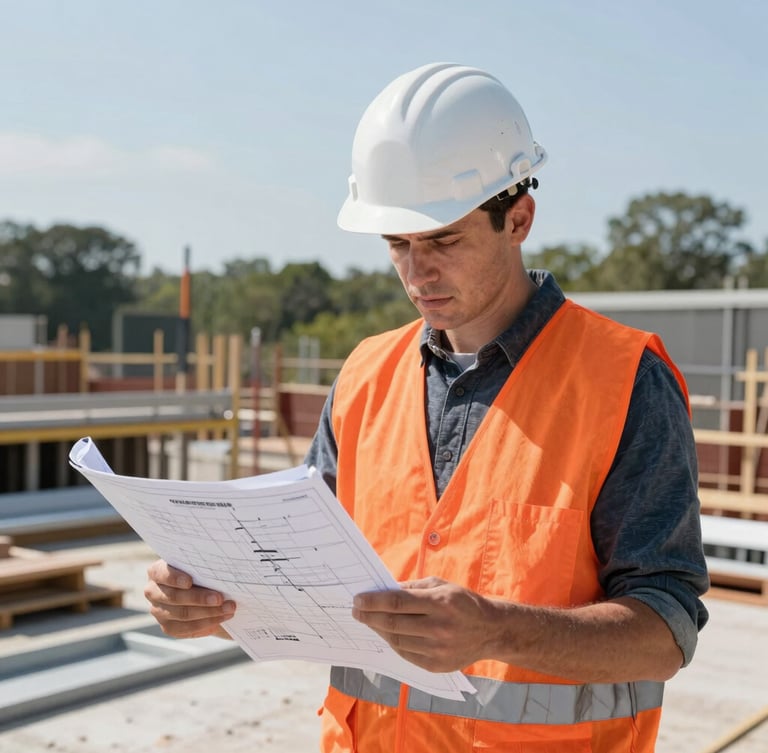 A licensed engineer in a high-visibility orange vest and white hardhat checking technical blueprints on a metal clipboard at a North Carolina construction site, bright natural daylight, 35mm