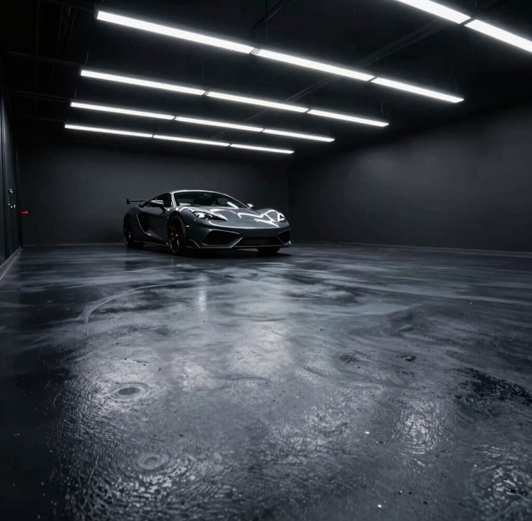 Low-angle dramatic shot of a finished dark charcoal epoxy garage floor, reflecting overhead linear LED lights, a high-end sports car parked in the background, sharp focus, 35mm lens.