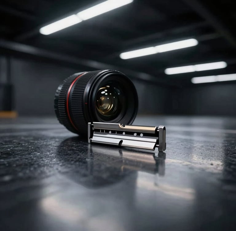 Low-angle macro detail shot of a high-gloss dark charcoal floor reflecting overhead linear LED lights, razor-sharp focus, dramatic industrial photography, 35mm lens