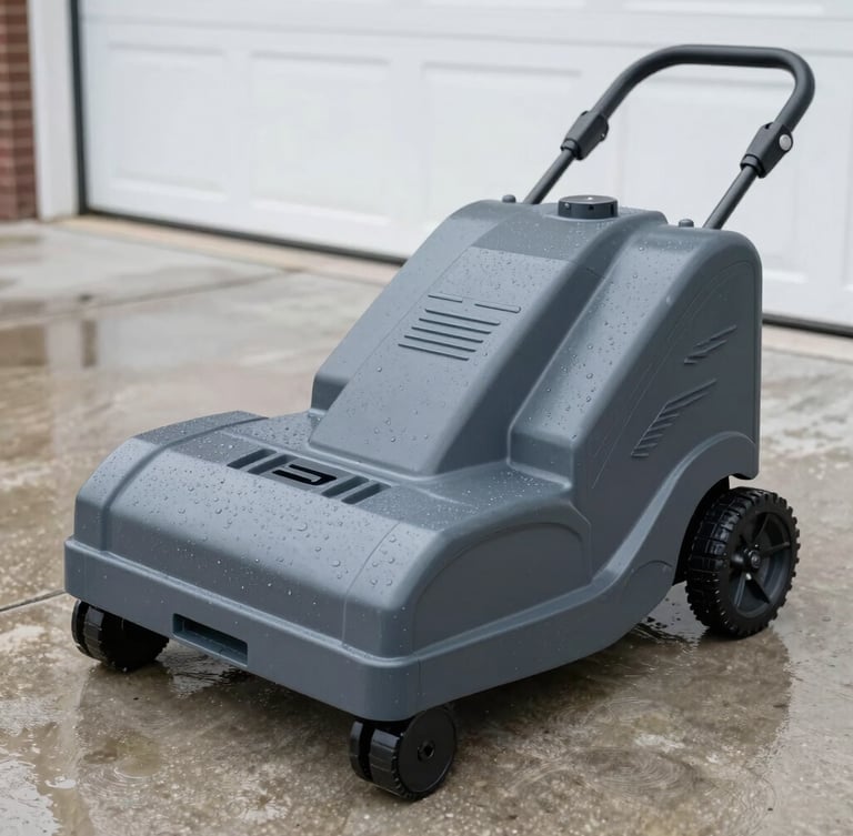 Sharp industrial product photography, bright natural daylight, high-contrast detail of a dark grey polymer robot mower garage standing on wet concrete, rain droplets visible, 50mm