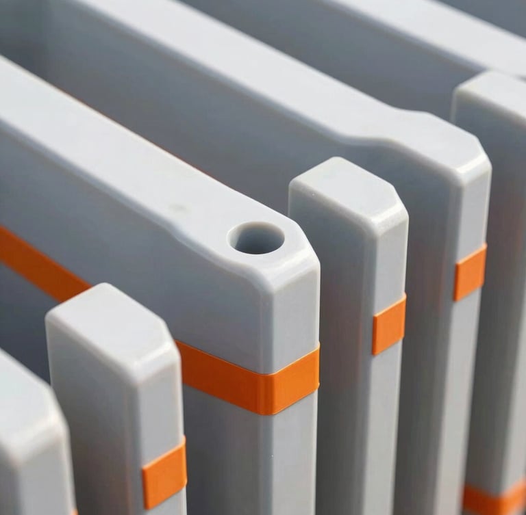 Industrial product photograph of a heavy-duty interlocking polymer joint, bright natural daylight highlighting the clean edges and structural orange safety accents.