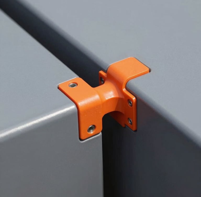 Close-up macro shot of a heavy-duty interlocking joint, safety orange structural connector joining charcoal grey HDPE panels, sharp industrial details, bright natural daylight, 50mm