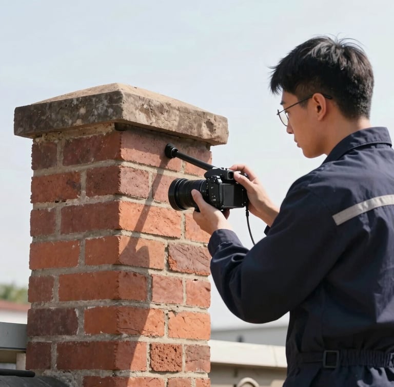 Crisp editorial photograph, bright natural daylight, a technician in a dark navy uniform inspecting a clean brick chimney flue with a professional camera probe, high-detail focus on tools.