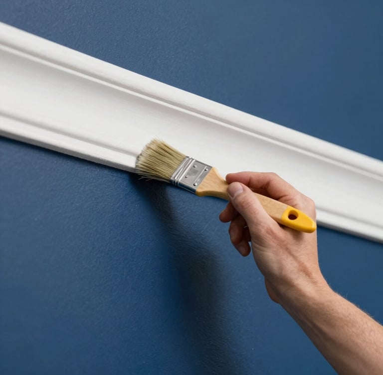 Close-up action shot of a professional painter's hand using a precision sash brush to cut a clean white trim line against a deep navy blue wall, bright daylight.