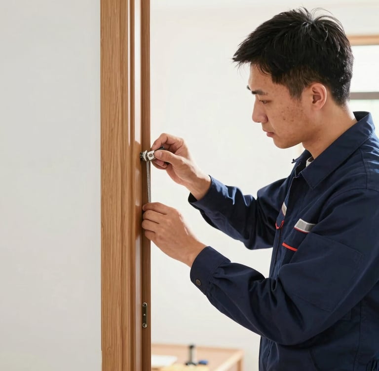 Medium shot of a professional technician in a clean navy uniform repairing a wooden door frame, bright afternoon sun, high-detail documentary style.