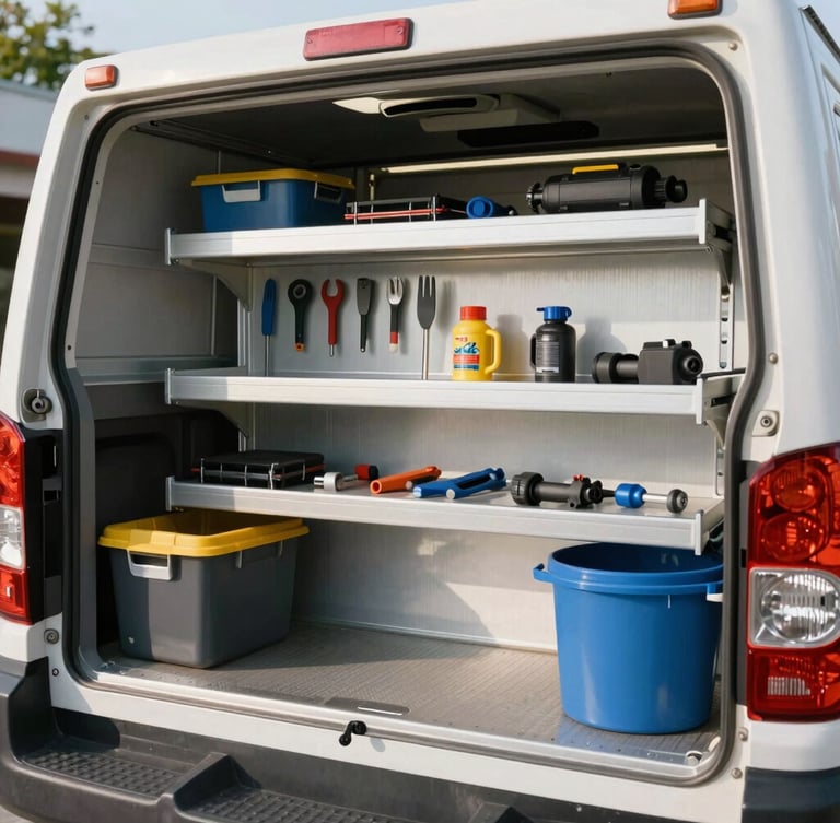 Crisp documentary shot of a clean, organized Flue and Foundation service truck, tools neatly arranged in custom racks, bright afternoon sun.