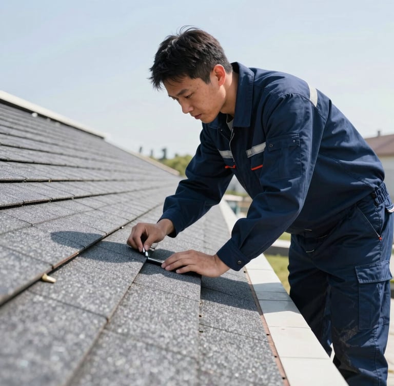 Medium-close action shot of a professional technician in a clean navy uniform inspecting roof shingles on a bright, sunny afternoon.