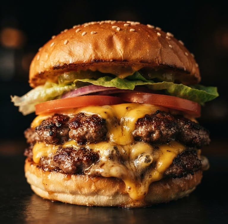 Dramatic close-up of a premium double-patty cheeseburger with melting cheese and golden-hour side lighting, rich dark background, macro depth of field