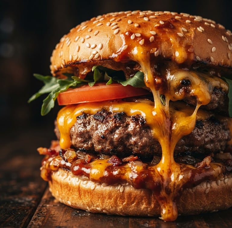 Dramatic close-up of a melting cheeseburger with dripping sauce, warm side lighting, rich saturated dark tones, macro depth of field