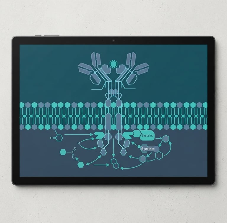 Top-down flat-lay of a digital design tablet displaying a clean vector diagram of a cell receptor, clinical teal and slate blue palette, high-contrast digital render, sharp geometric lines