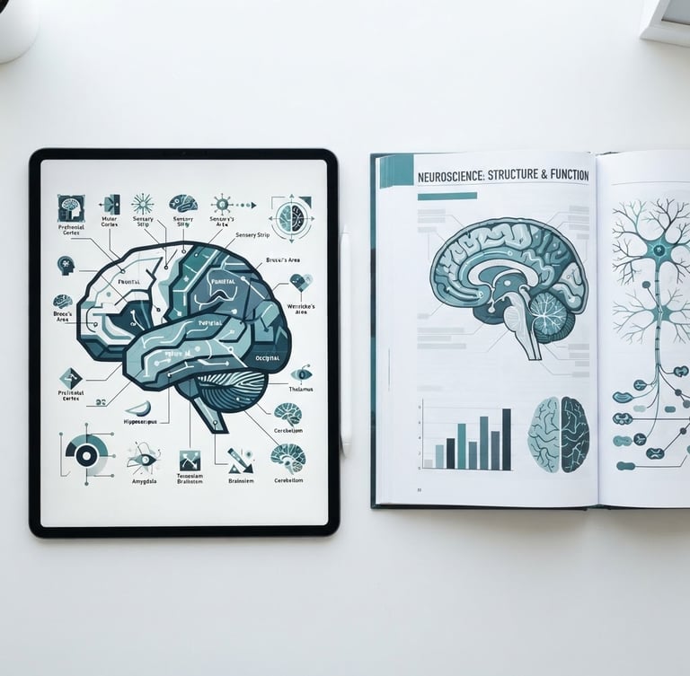 Top-down flat-lay of a digital design tablet displaying a detailed vector brain map with high-contrast teal and slate blue labels, next to an open neuroscience textbook on a clean white desk, bright clinical lighting.
