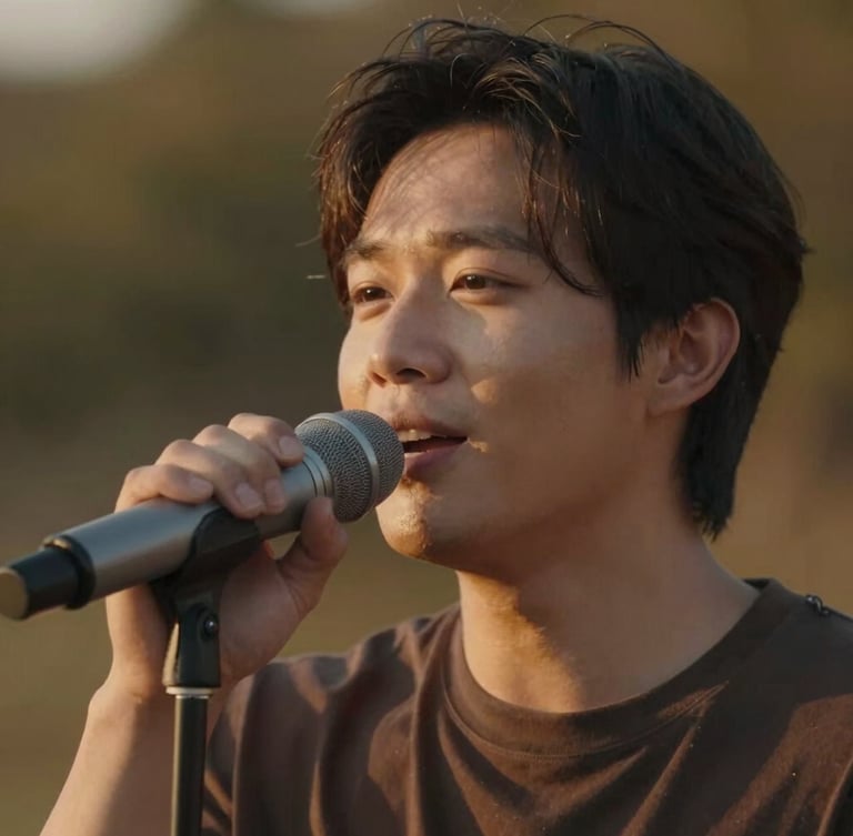 Close-up of a vocalist mid-song, natural expression, warm golden-hour light, soft background, authentic emotion