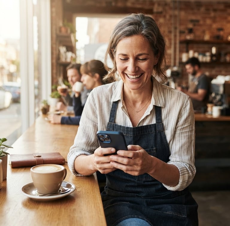 A medium close-up of a local coffee shop owner smiling while looking at a smartphone, warm morning window light, high-contrast clean composition, 50mm lens