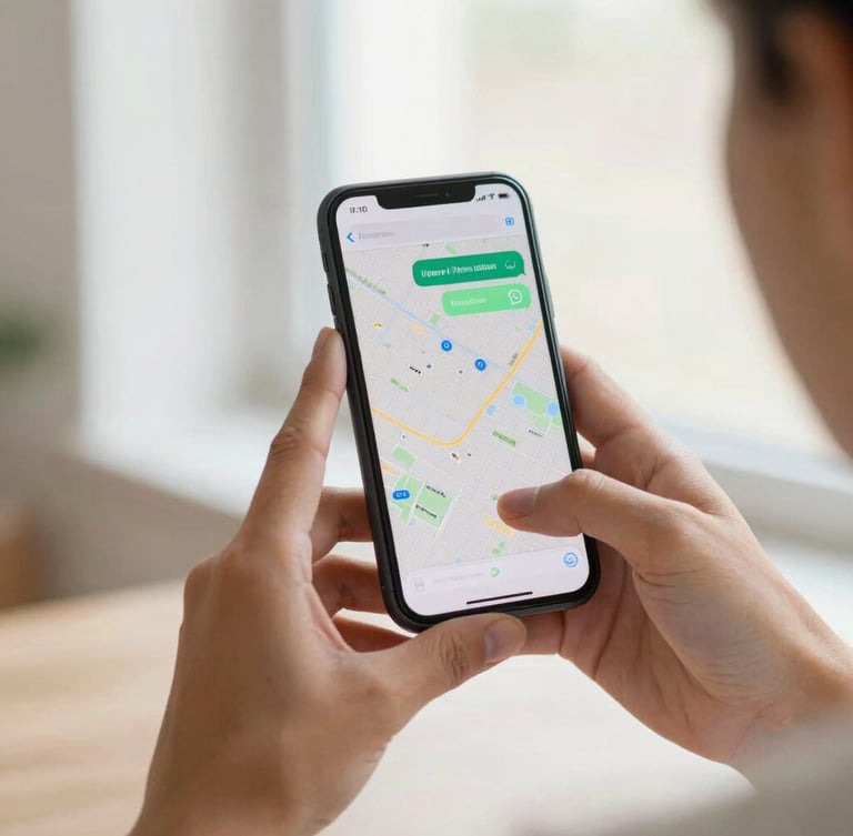 Close-up of hands holding a smartphone displaying a localized map and a WhatsApp chat bubble, warm ambient lighting, clean modern aesthetic.