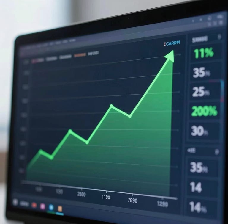 A close-up of a high-contrast digital dashboard on a screen, showing sharp green upward trend lines and conversion metrics, cool studio lighting