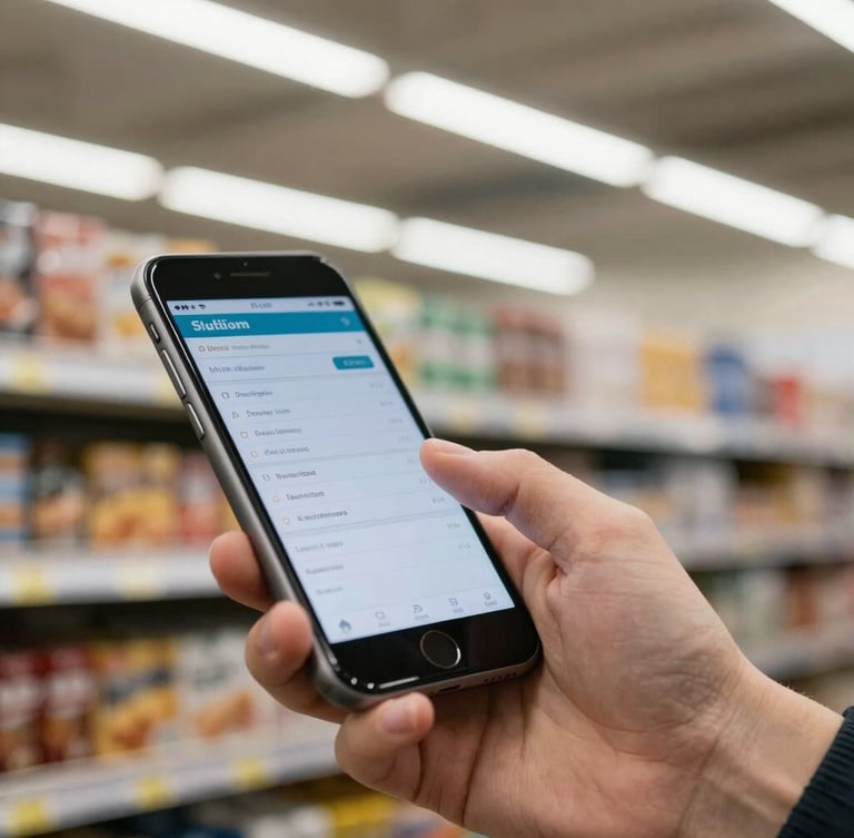 A close-up of a hand tapping a phone screen next to a stack of retail inventory under bright fluorescent overhead shop lighting, showing a crisp billing interface.