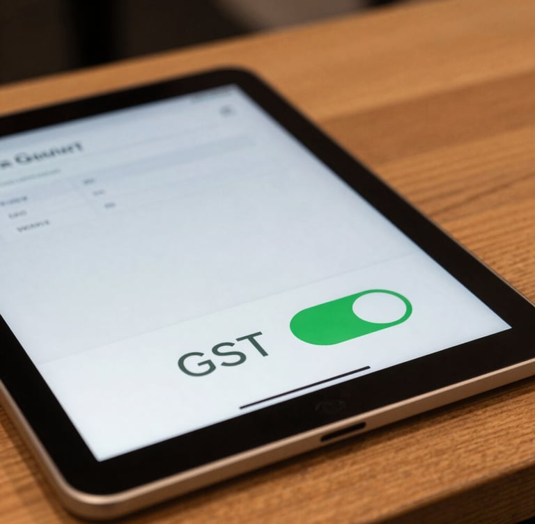 Close-up of a tablet screen displaying a minimalist checkout interface with a prominent green toggle switch labeled GST on a wooden counter
