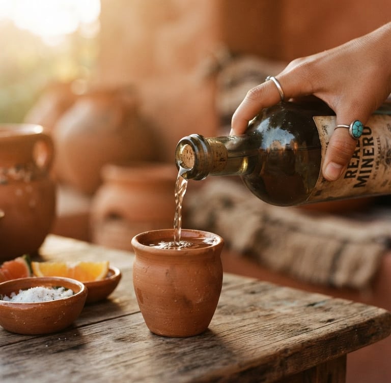 Close-up of a hand pouring artisanal mezcal into a traditional clay copita, warm afternoon golden-hour light, rich terracotta background, 35mm food photography