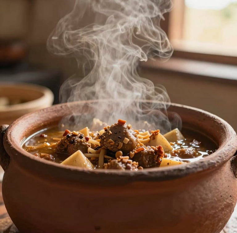 A close-up portrait of traditional Michoacan stew cooking in a clay pot, soft natural light, warm steam rising, rustic kitchen background, 35mm