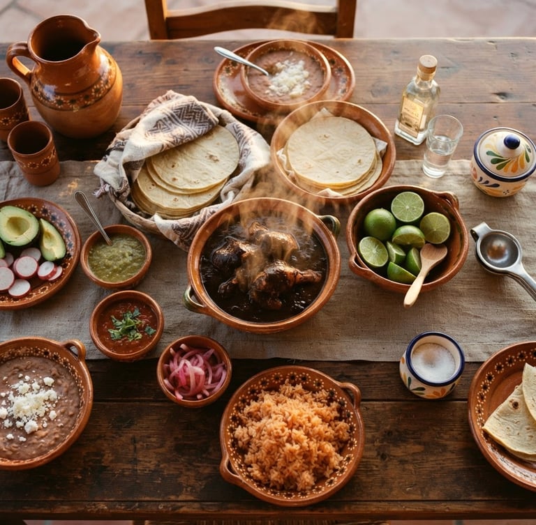 Cenital view of a rustic table with steaming warm dishes, fresh limes, and handmade tortillas, warm golden hour light, 35mm
