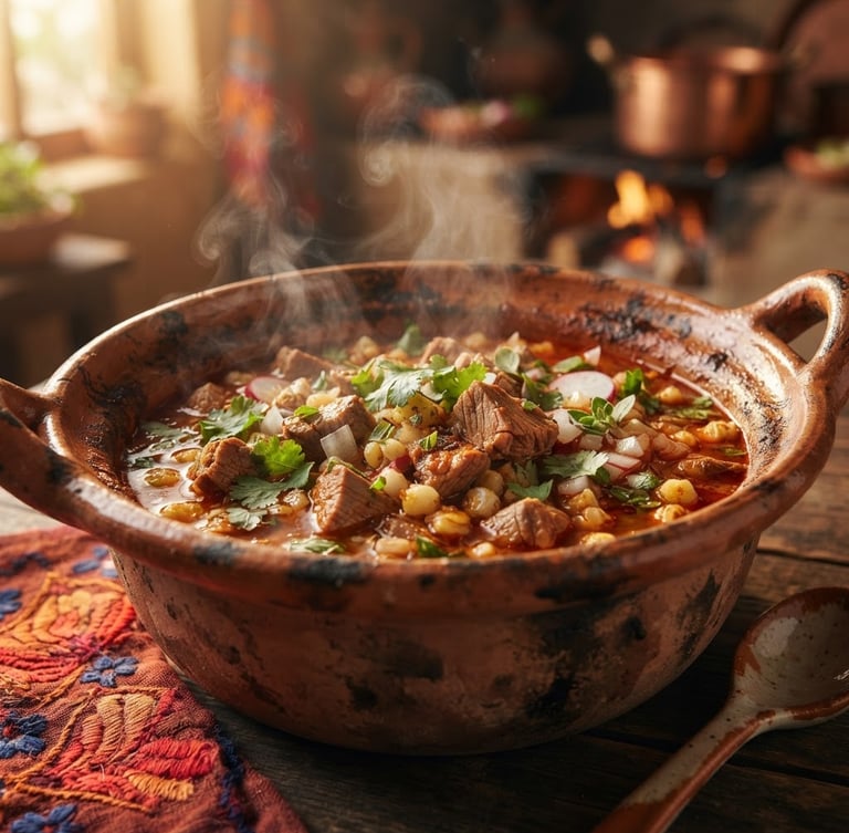 Close-up of a steaming traditional Michoacan pork stew in a rustic clay pot, soft golden hour light, rich terracotta tones, warm editorial food photography, shallow depth of field, 35mm