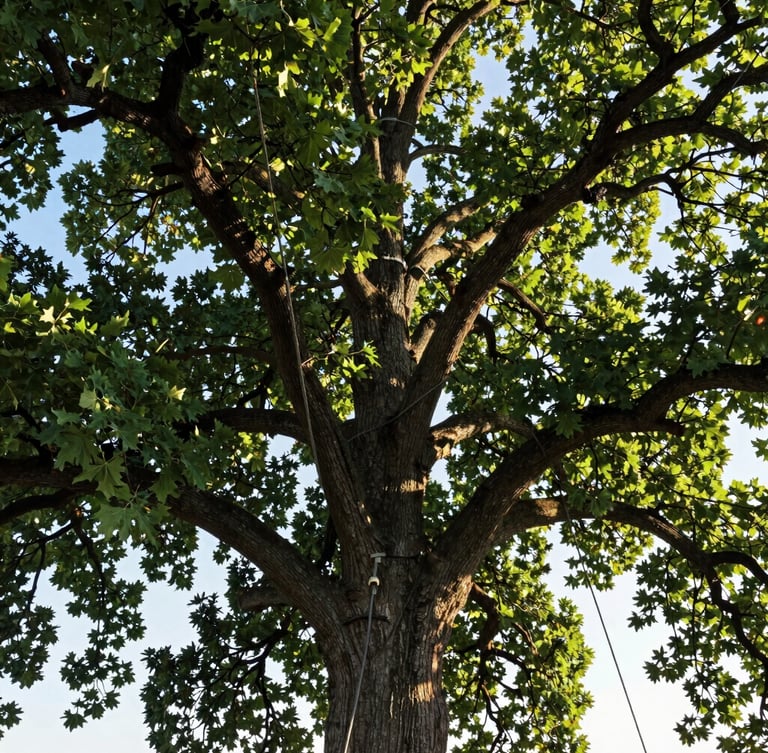 Low-angle shot looking up into a massive mature oak tree in Boise, crisp morning light filtering through deep green leaves, clean rigging ropes visible in the branches, 35mm.