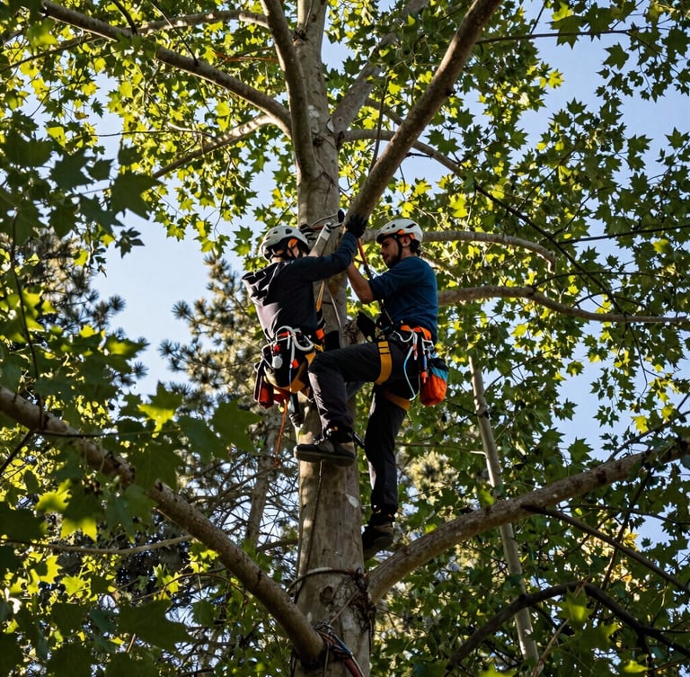 Low-angle shot of a certified arborist in safety gear climbing high in a mature cottonwood tree in Boise, crisp morning sunlight, deep forest greens and safety amber details, 35mm