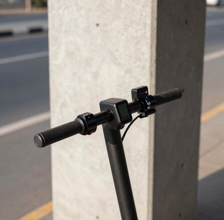 Close-up side profile of a modern electric scooter handlebar with digital display, parked against a clean concrete metro pillar in Jaipur, sharp morning light.