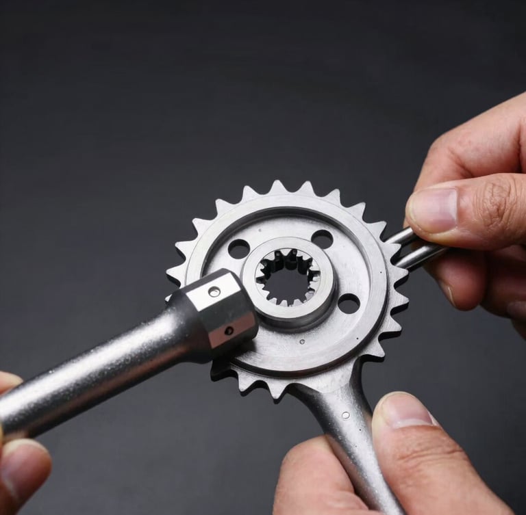 Macro close-up of a mechanic's hands using a professional torque wrench to install a high-performance rear sprocket, cool garage workshop lighting, metallic details.
