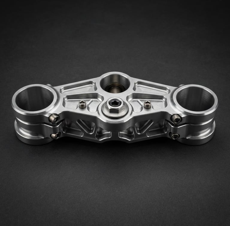 Straight-on technical studio shot of a high-performance machined aluminum motorcycle triple clamp, crisp metallic highlights, deep charcoal background, 50mm lens.