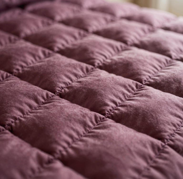 Close-up macro photography of dense plum-toned patchwork quilting stitches under soft natural side-light, highlighting texture and loft, shallow depth of field, 35mm
