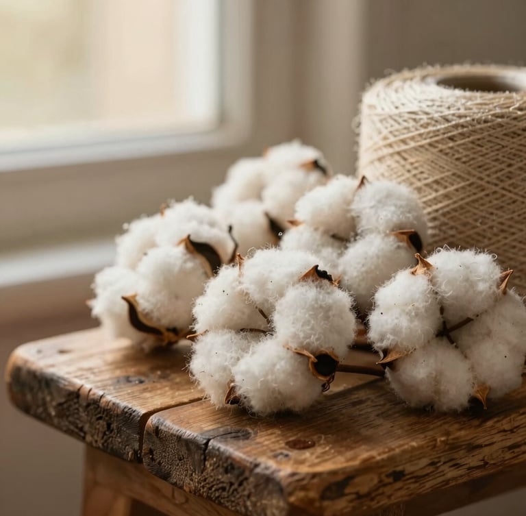 Macro close-up of raw organic cotton yarn skeins resting on a rustic wooden bench under warm diffused golden hour light
