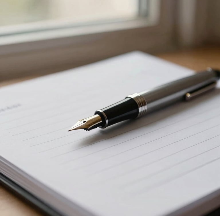 Close-up of a fountain pen resting on high-quality physical financial ledgers, soft directional window light, warm tones, shallow depth of field.