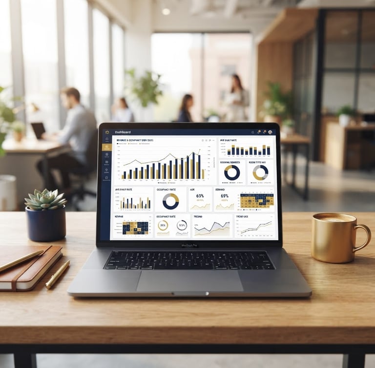 A clean modern laptop displaying an active hotel revenue dashboard with graphs and occupancy rates, bright natural office light, navy and warm gold tones