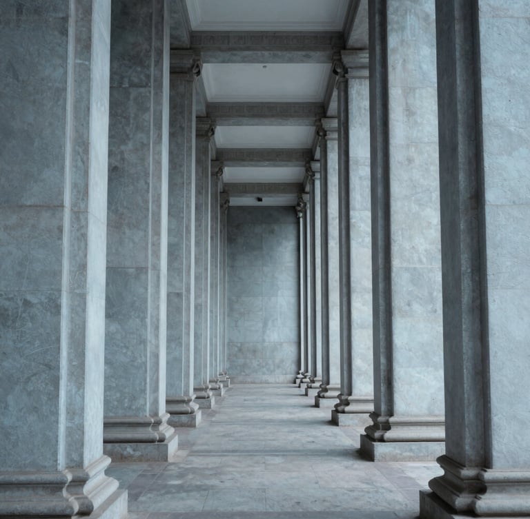 An orthographic, straight-on view of architectural structural columns under cool, clear, overcast daylight, emphasizing order, scale, and clean lines.