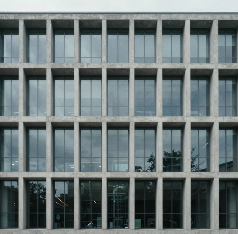 A straight-on orthographic view of modern commercial building facade, clean concrete and glass grid, overcast daylight, neutral cool tones