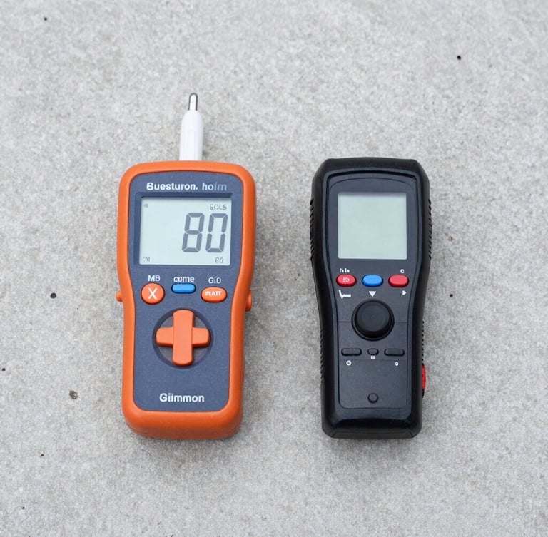 Straight-on orthographic view of a digital moisture meter and thermal camera resting on a clean concrete surface, natural overcast lighting.