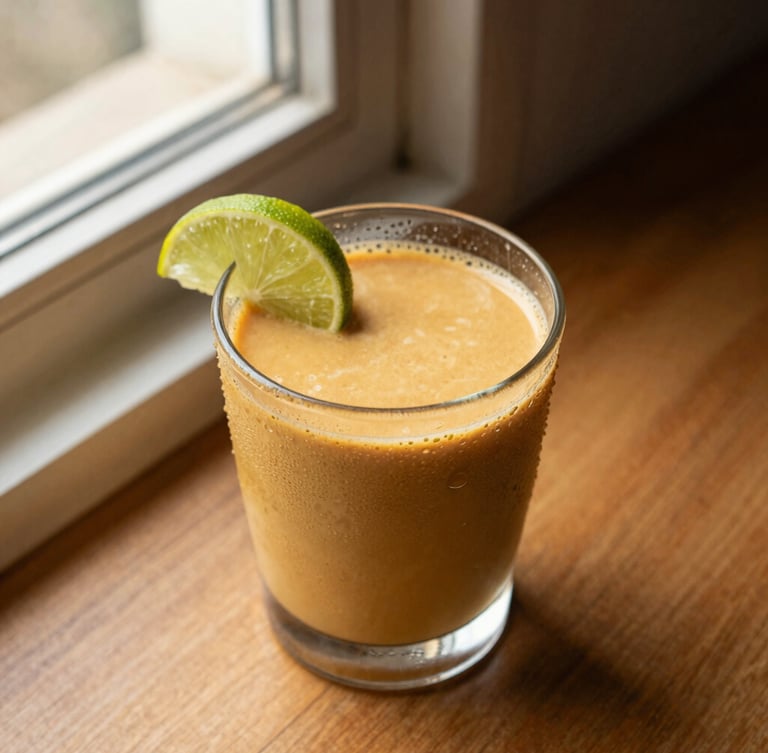 Overhead flat-lay of a refreshing chilled sattu drink in a clear condensation-beaded glass with a slice of lime, warm side-lit window daylight, rich golden-brown ochre tones, 35mm